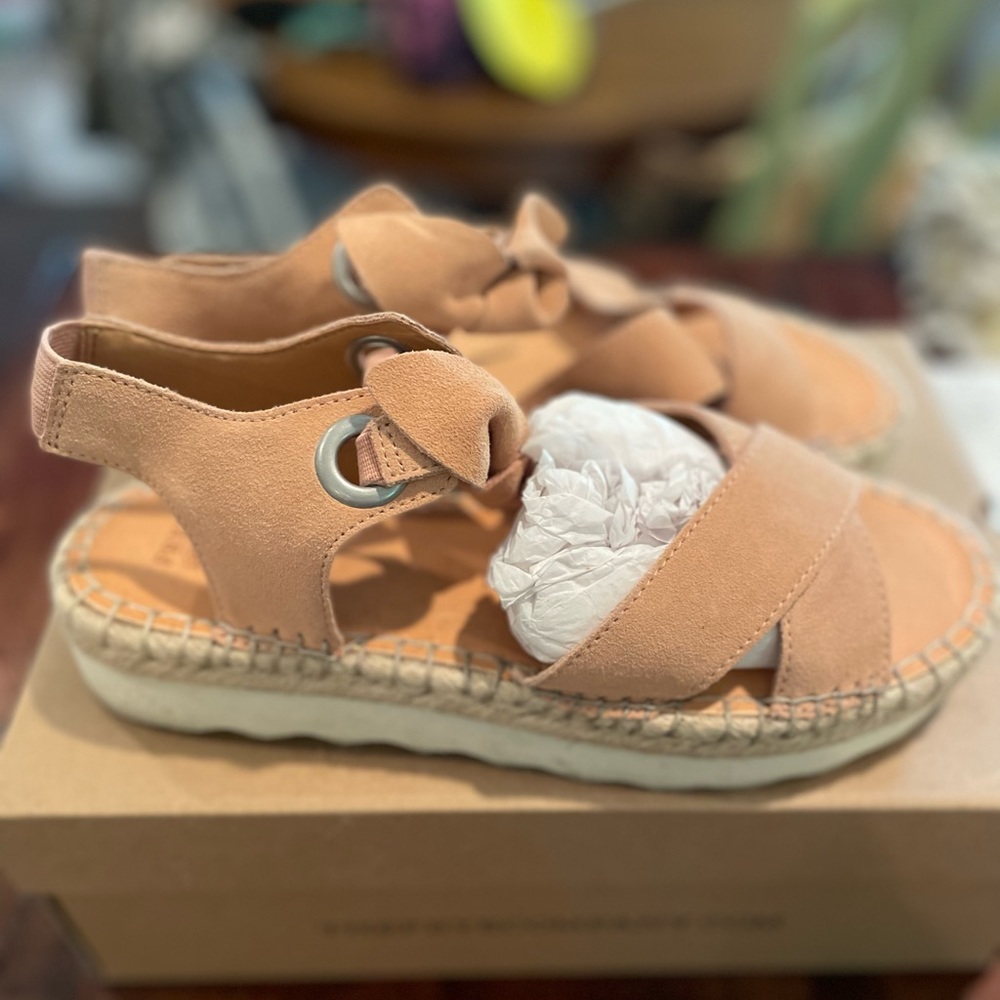 Frye suede sandals. Rose colored suede with silver accents and white sole.